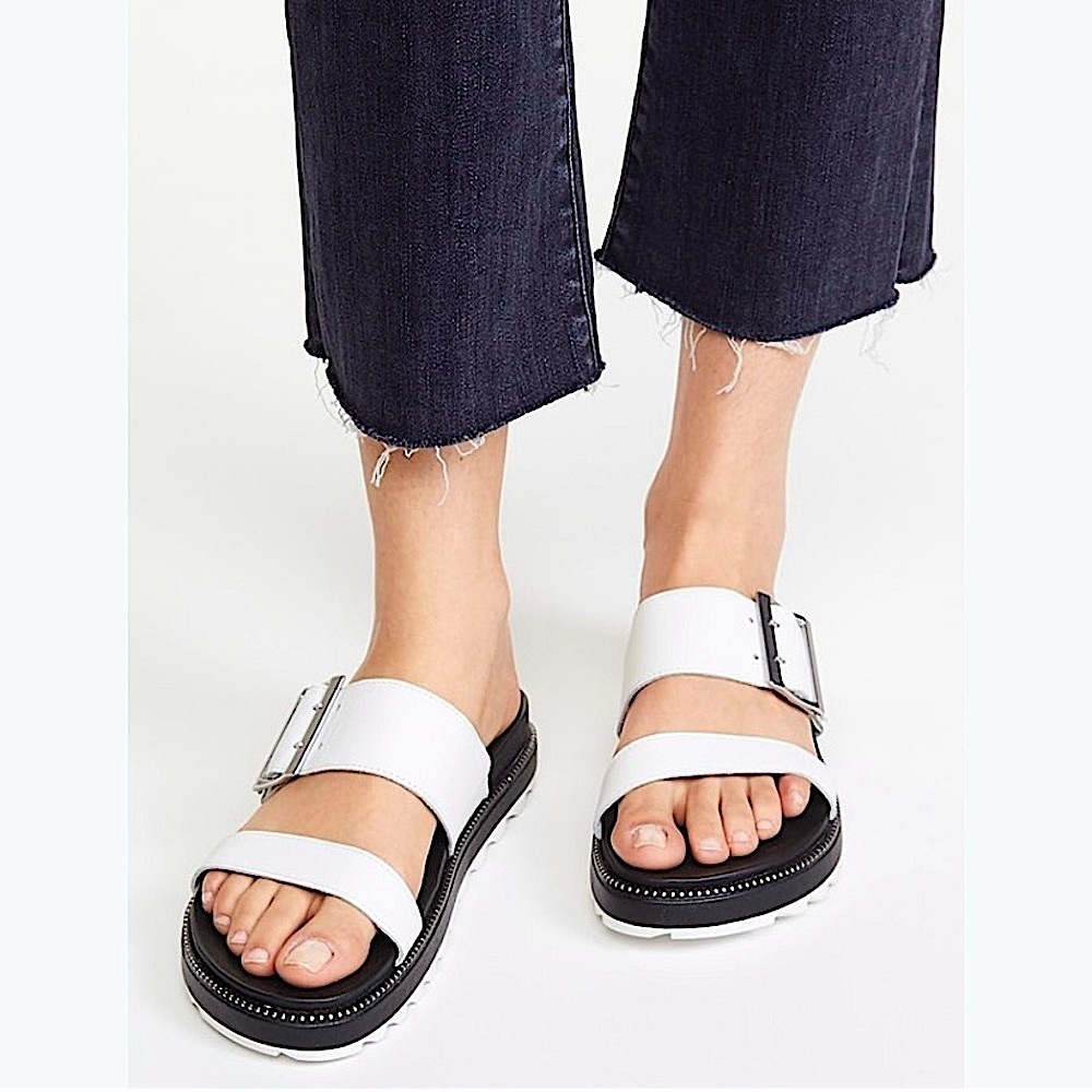 Sorel Roaming Big Buckle Slide Sandals Leather Size 10 White Black 90s Chunky